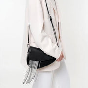 Black leather tassel crossbody saddle bag, view 8 - MRSLM