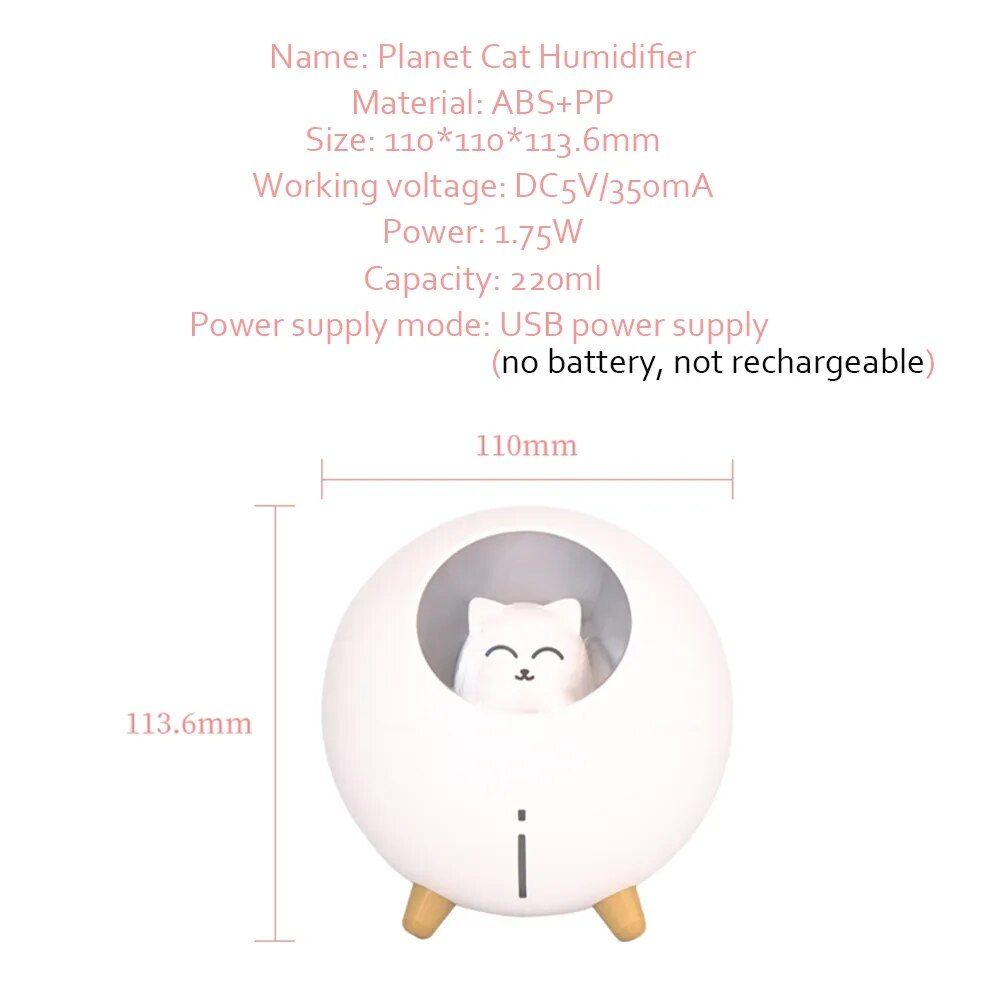 Planet Cat Ultrasonic Air Humidifier with Colorful LED Night Light