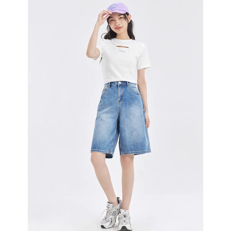 high-waisted straight denim shorts, view 6 - MRSLM