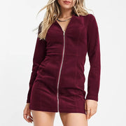 v-neck corduroy zipper mini dress, view 2 - MRSLM