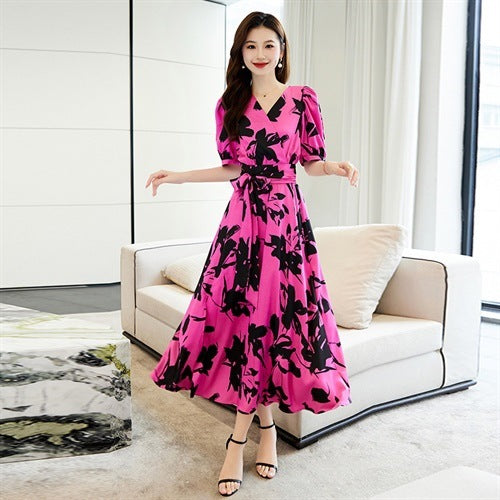 V-neck printed short sleeve dress, view 7 - MRSLM