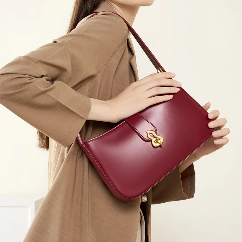 wine red genuine leather half moon shoulder bag, view 8 - MRSLM