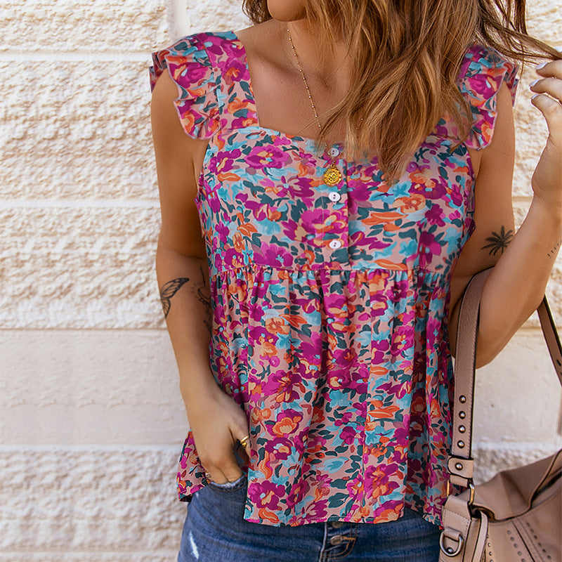 women's floral ruffle cuff vest top, view 6 - MRSLM