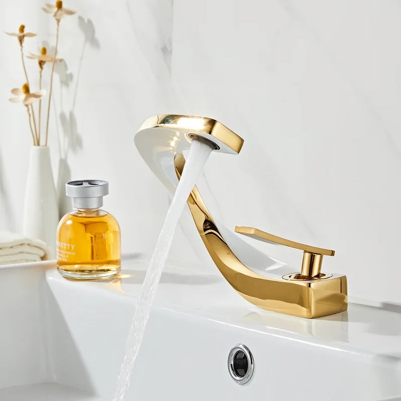 brass gold and white bathroom basin faucet, view 2 - MRSLM