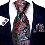 floral black and red silk necktie set for men - MRSLM