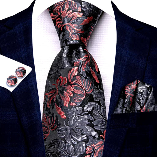 floral black and red silk necktie set for men - MRSLM