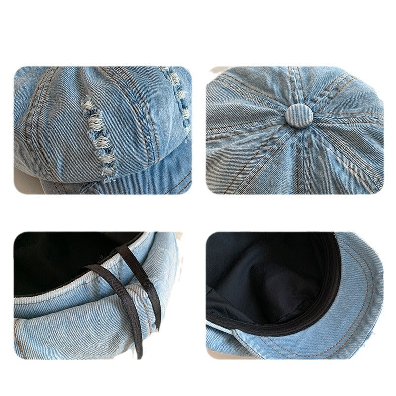retro ripped denim beret, view 4 - MRSLM