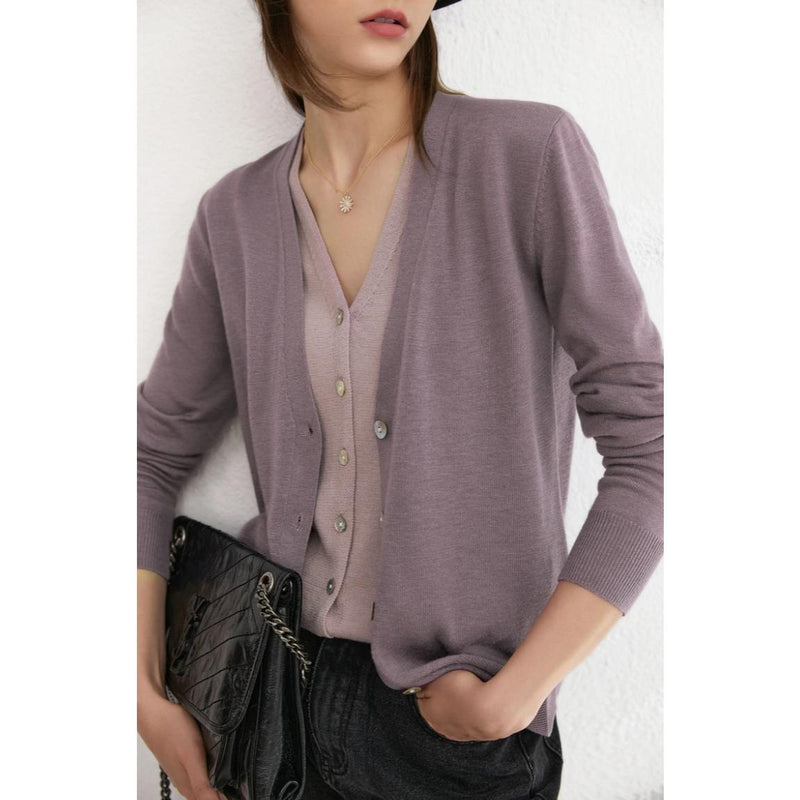 minimalist v-neck wool blend cardigan, view 8 - MRSLM