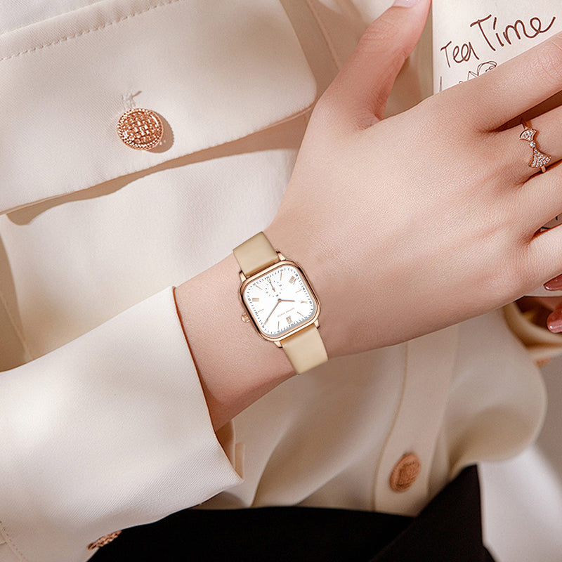 Square rose gold watch with leather strap, view 8 - MRSLM