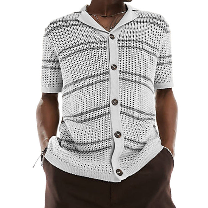 men's knitted lapel short sleeve hollow cardigan, view 4 - MRSLM