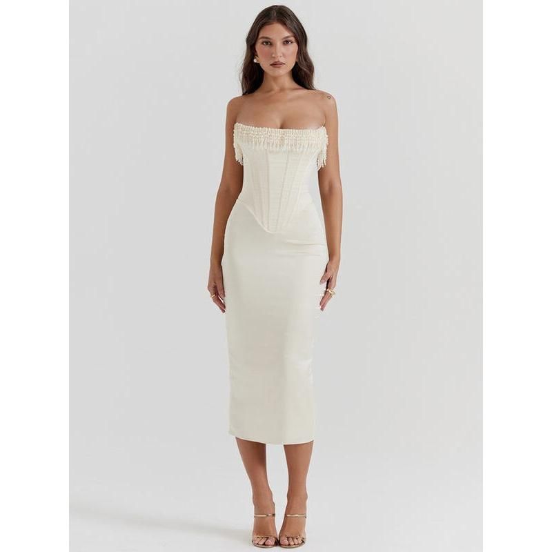 off-shoulder pearl tassel midi dress, view 5 - MRSLM