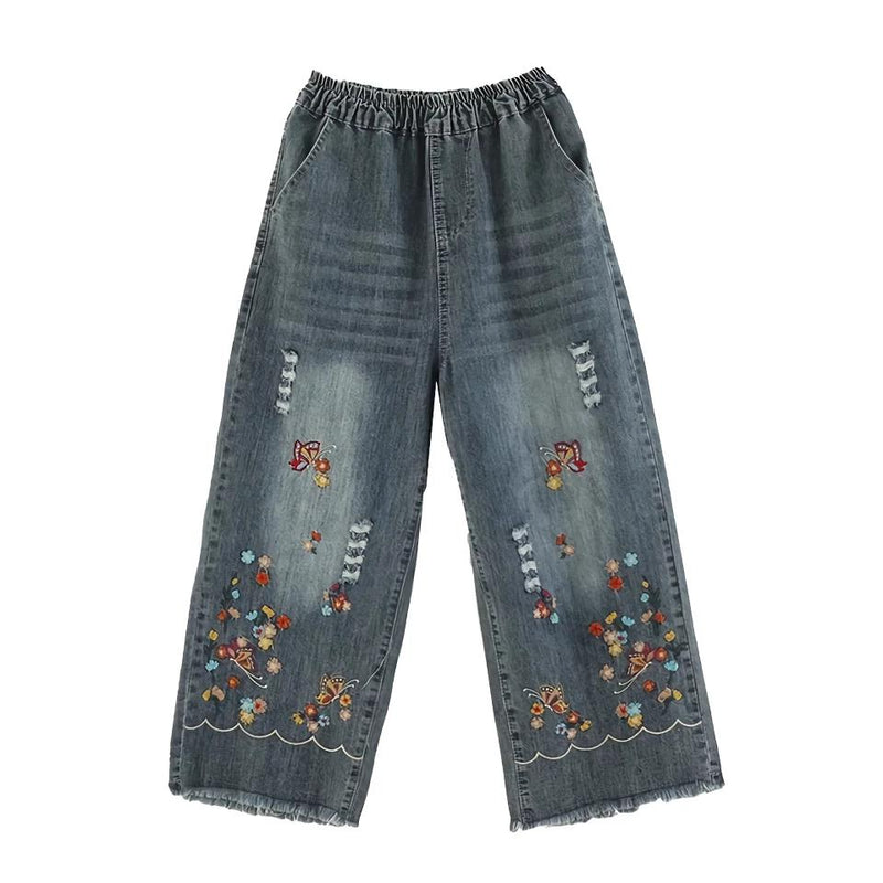 embroidered wide leg denim pants, view 7 - MRSLM
