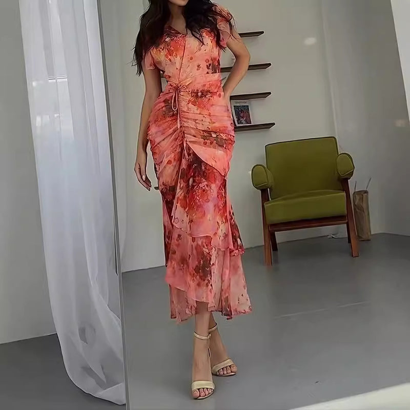 V-neck pleated print dress, view 3 - MRSLM