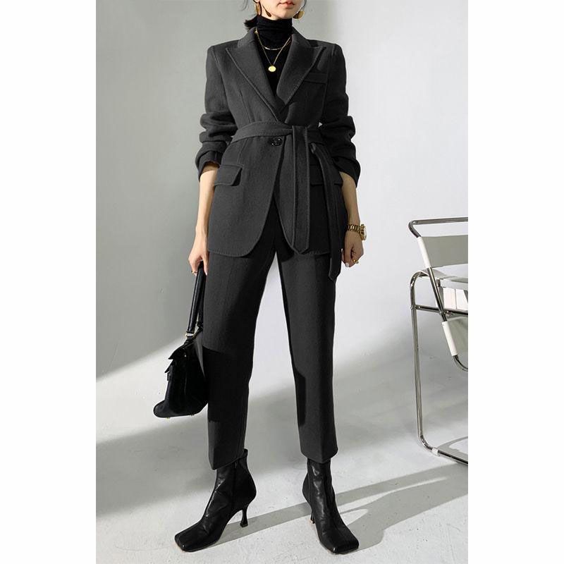 Autumn Winter Elegant Pant Suits with Belted Jackets and Warm Trousers for Women