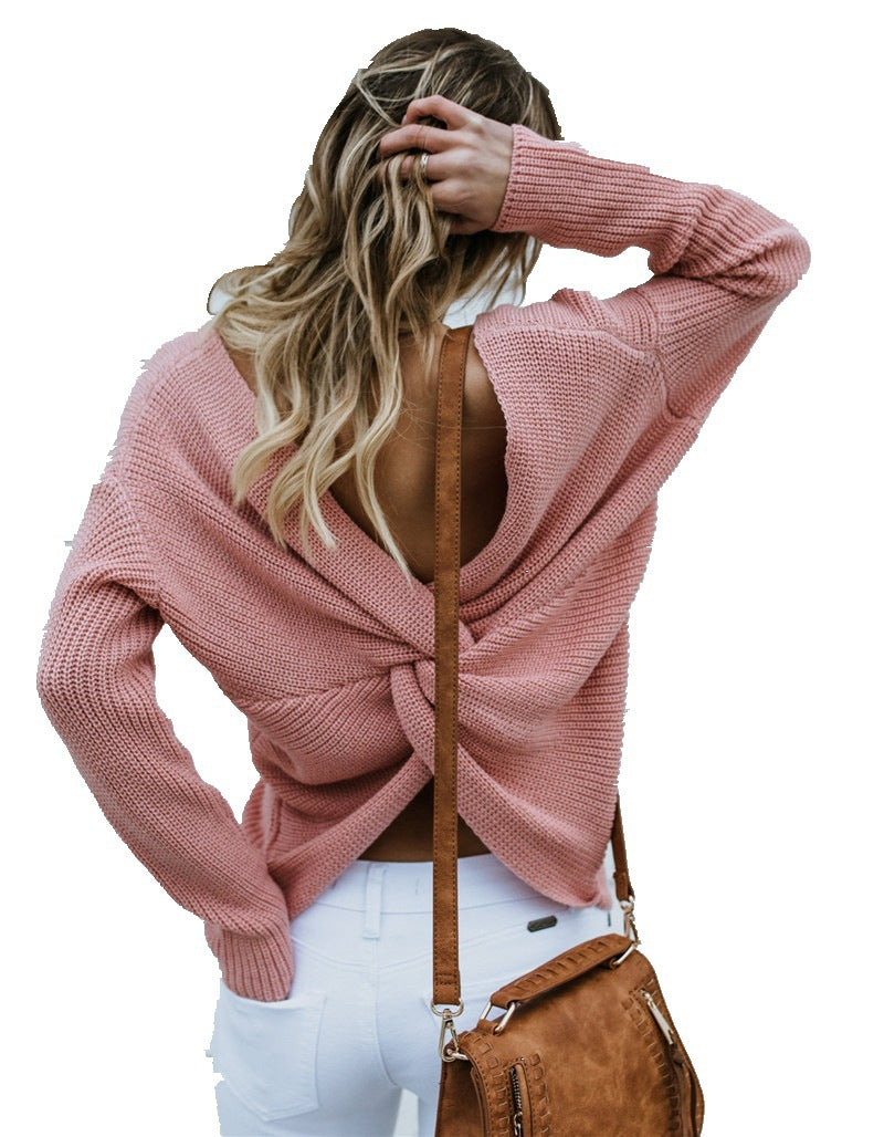 women's v-neck cross backless knit sweater, view 15 - MRSLM