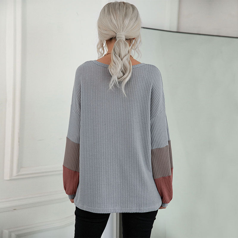 color block waffle v-neck knit pullover, view 4 - MRSLM