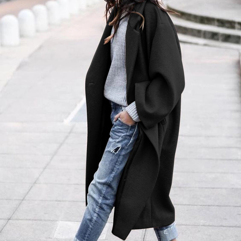 Casual Long Jacket With Pockets Solid Color Single Breasted Lapel Coat For Women Warm Winter Clothing