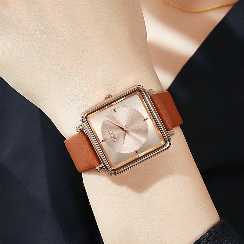 women's square dial leather strap watch, view 3 - MRSLM