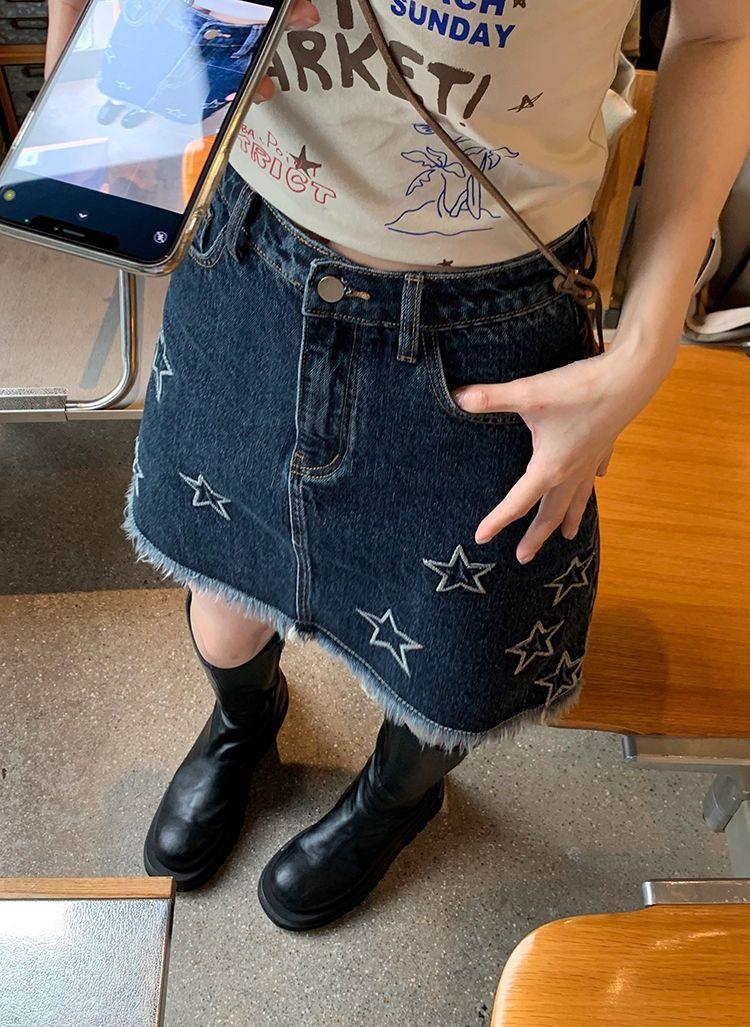 star embroidery denim skirt, view 6 - MRSLM