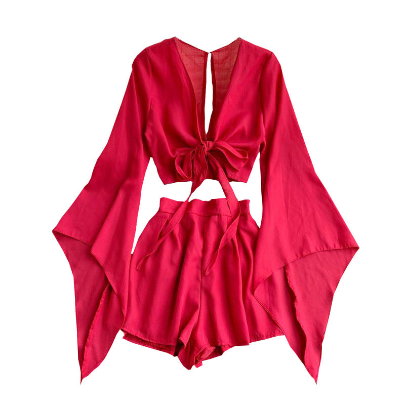 bell sleeve chiffon shirt and wide leg shorts set, view 8 - MRSLM