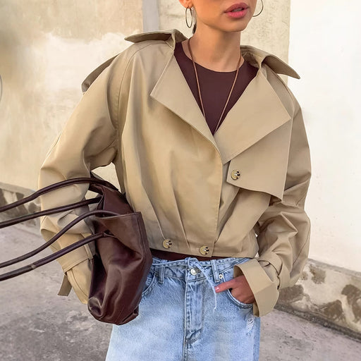 women's khaki double-breasted blazer collar coat - MRSLM