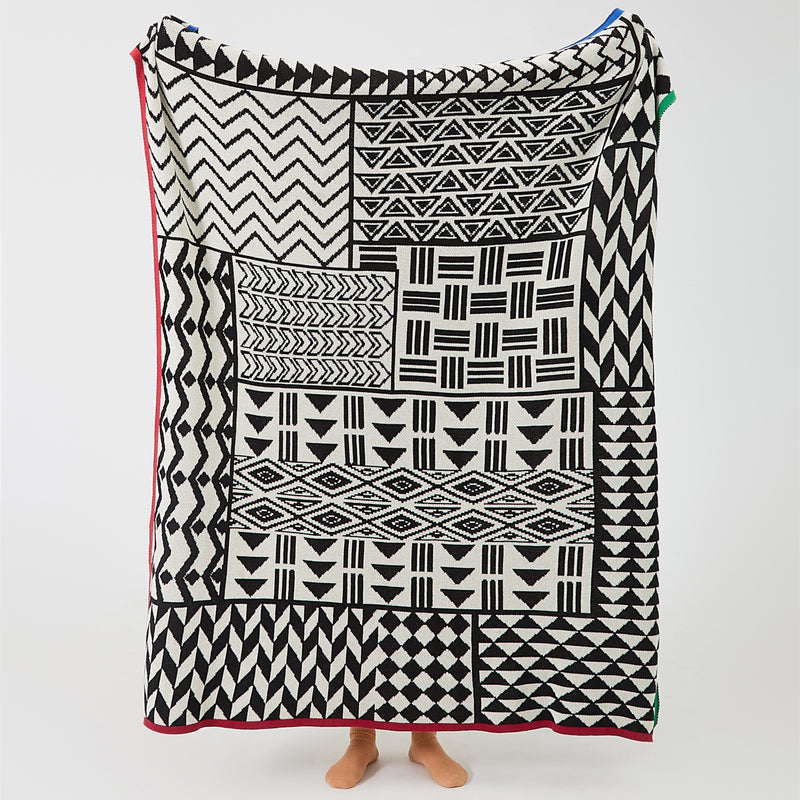 geometric pattern cotton blanket with stripe edge, view 10 - MRSLM