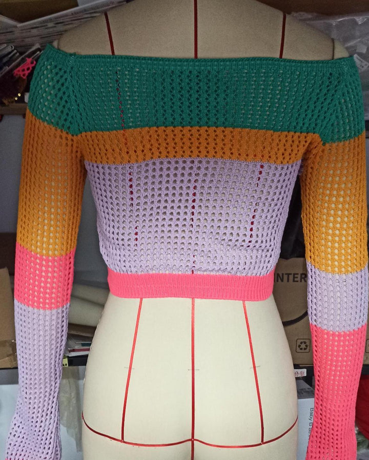Multicolor Openwork Knitted Top Short Loose Off Shoulder Long Sleeve Sweater