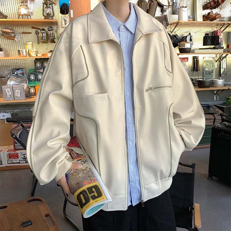 men's loose pu leather coat, view 3 - MRSLM