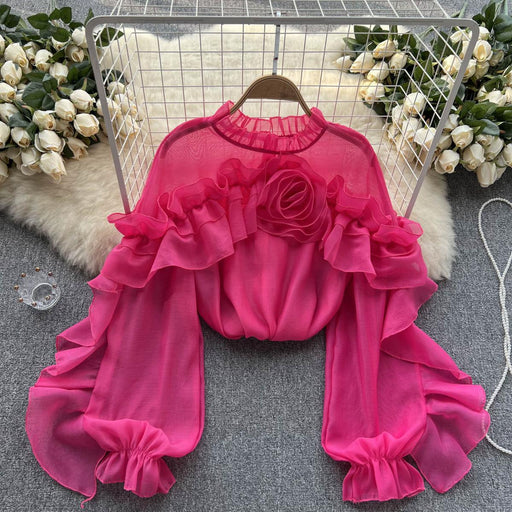 women's ruffled mesh pleated blouse - MRSLM