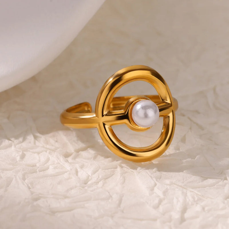 gold-tone imitation pearl ring, view 9 - MRSLM