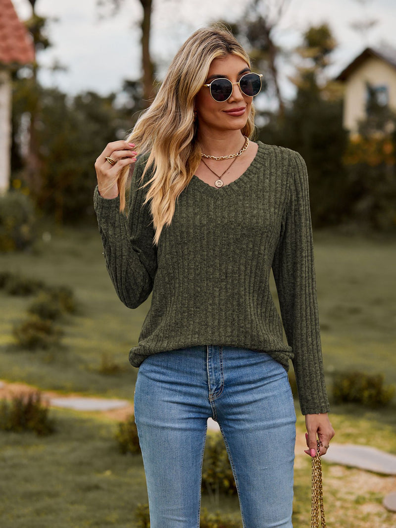 women's brushed v-neck ribbed top, view 9 - MRSLM