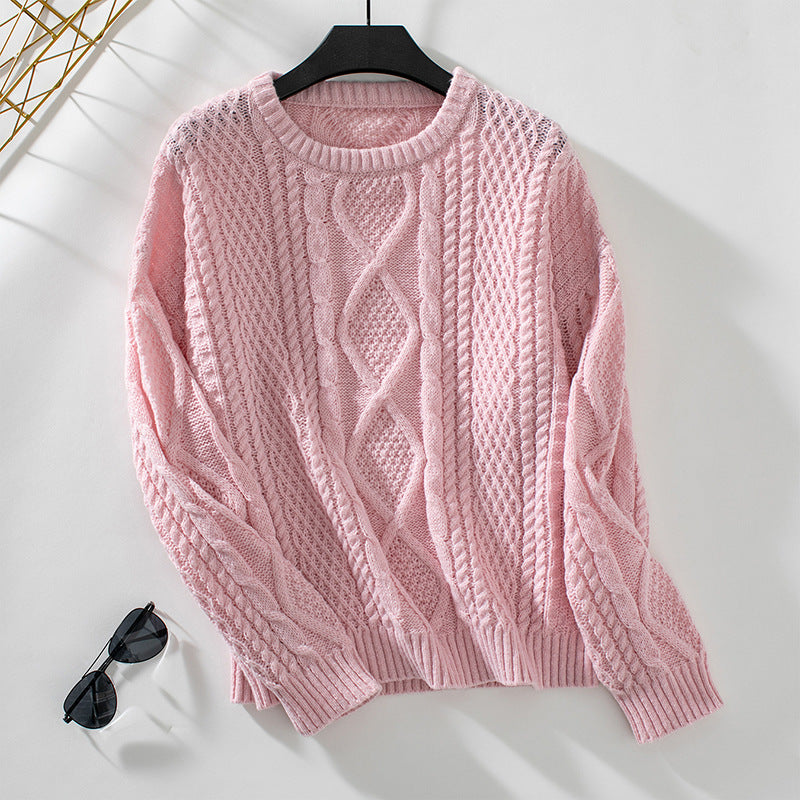 Women's pink retro cable knit sweater, view 3 - MRSLM