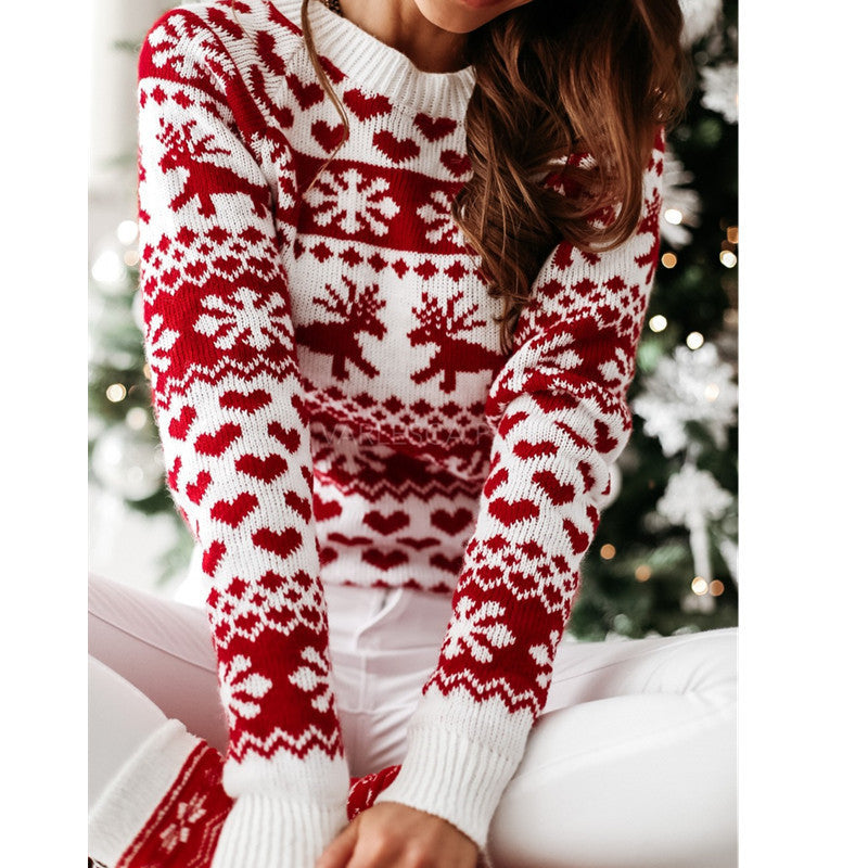 Women's Christmas Elk and Snowflake Jacquard Sweater