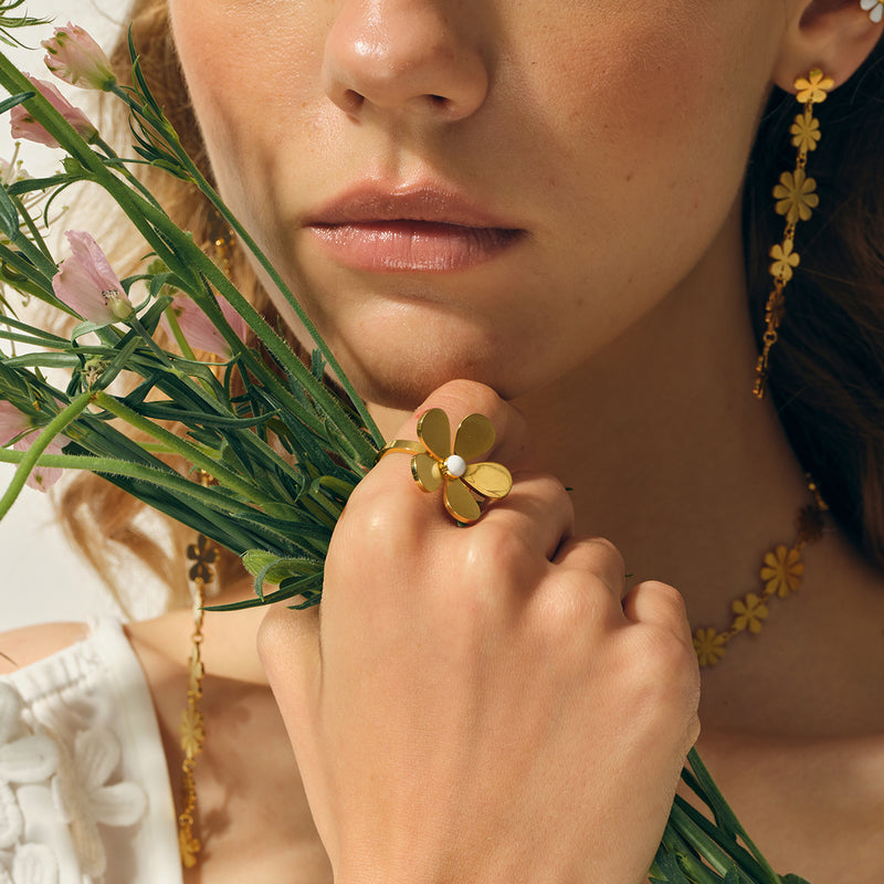 gold daisy flower open ring, view 3 - MRSLM