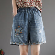 floral embroidery wide leg denim shorts, view 5 - MRSLM
