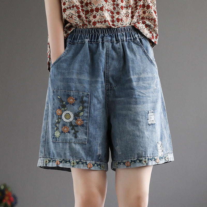 floral embroidery wide leg denim shorts, view 5 - MRSLM