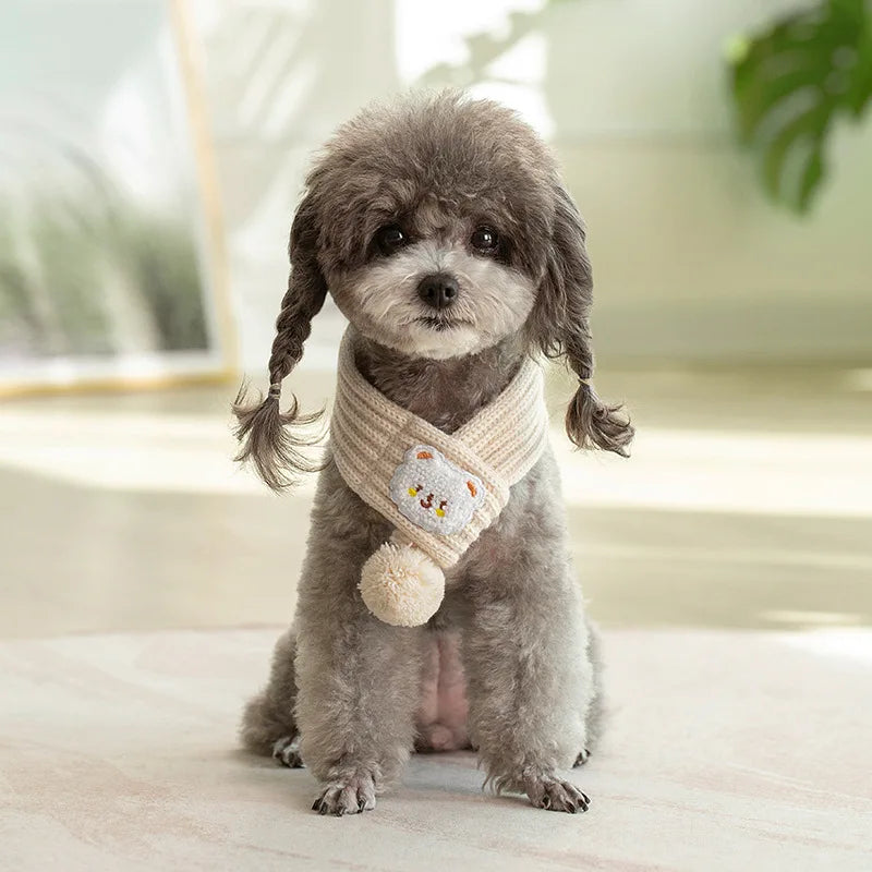 dog knitted scarf with fuzzy pompom, view 4 - MRSLM