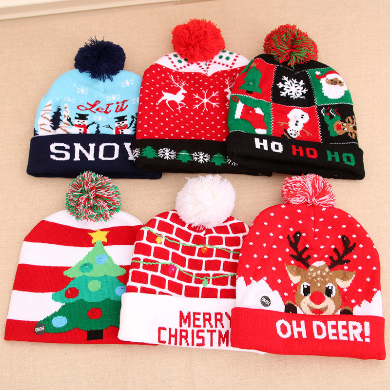 Light-up LED Christmas knit beanie with pom-pom, view 6 - MRSLM
