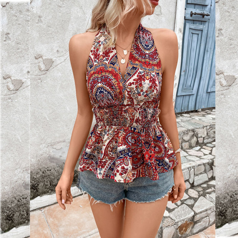 women's red halter backless tank top - MRSLM