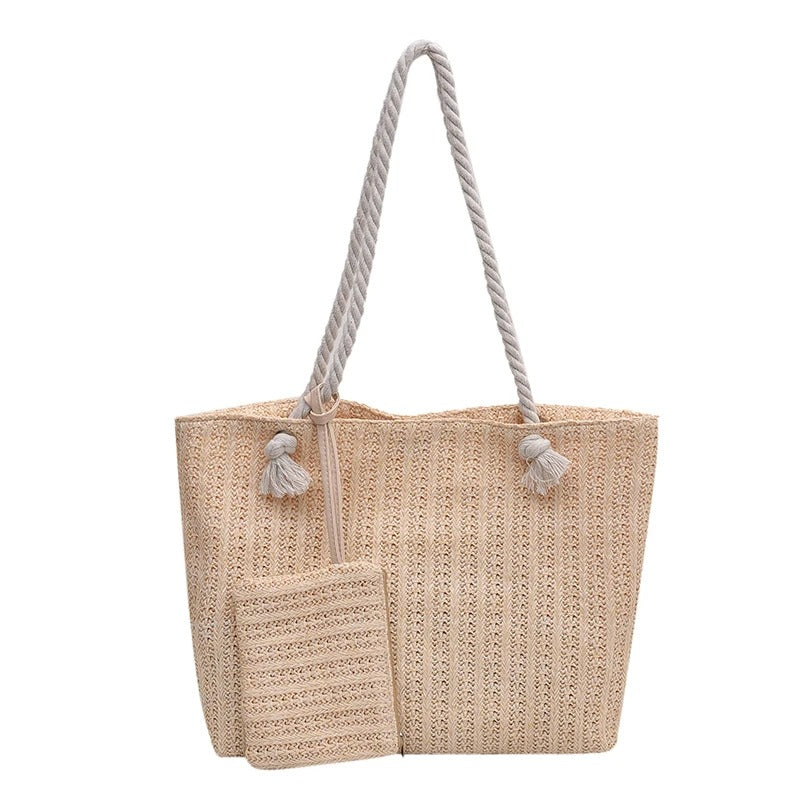 woven summer straw tote bag with mini purse, view 2 - MRSLM