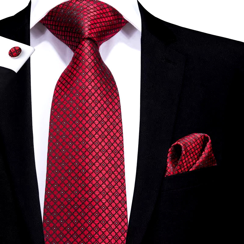 red plaid silk tie with cufflinks and handkerchief, view 3 - MRSLM