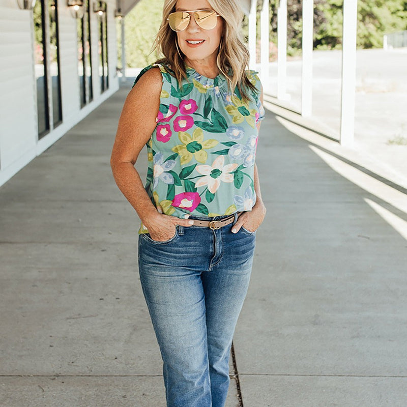 women's ruffle sleeve floral vest top, view 5 - MRSLM