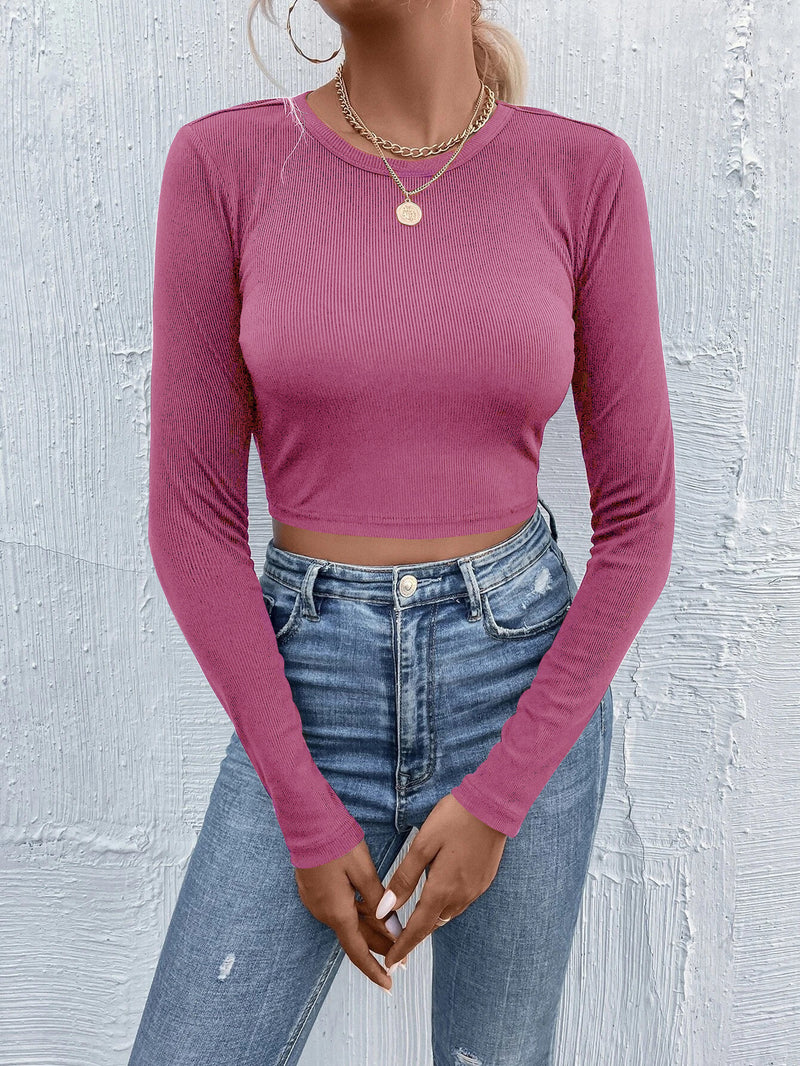 Women's round neck long sleeve knit top, view 7 - MRSLM