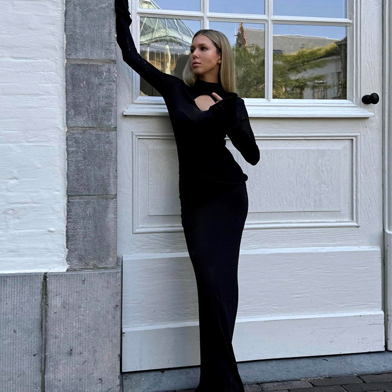 high collar hollow out knitted pencil skirt, view 2 - MRSLM