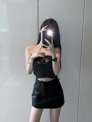 black knitted tube top with metal hollow detail, view 3 - MRSLM
