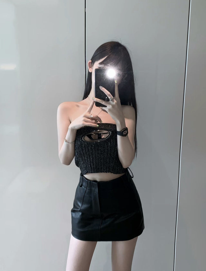 black knitted tube top with metal hollow detail, view 3 - MRSLM