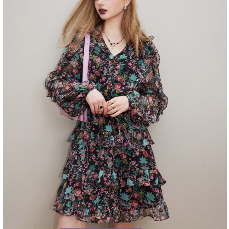 V-neck long sleeve floral dress, view 6 - MRSLM