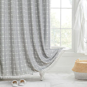 jacquard linen shower curtain with tassels, view 3 - MRSLM