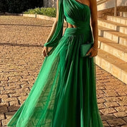 one-shoulder green long dress, view 4 - MRSLM