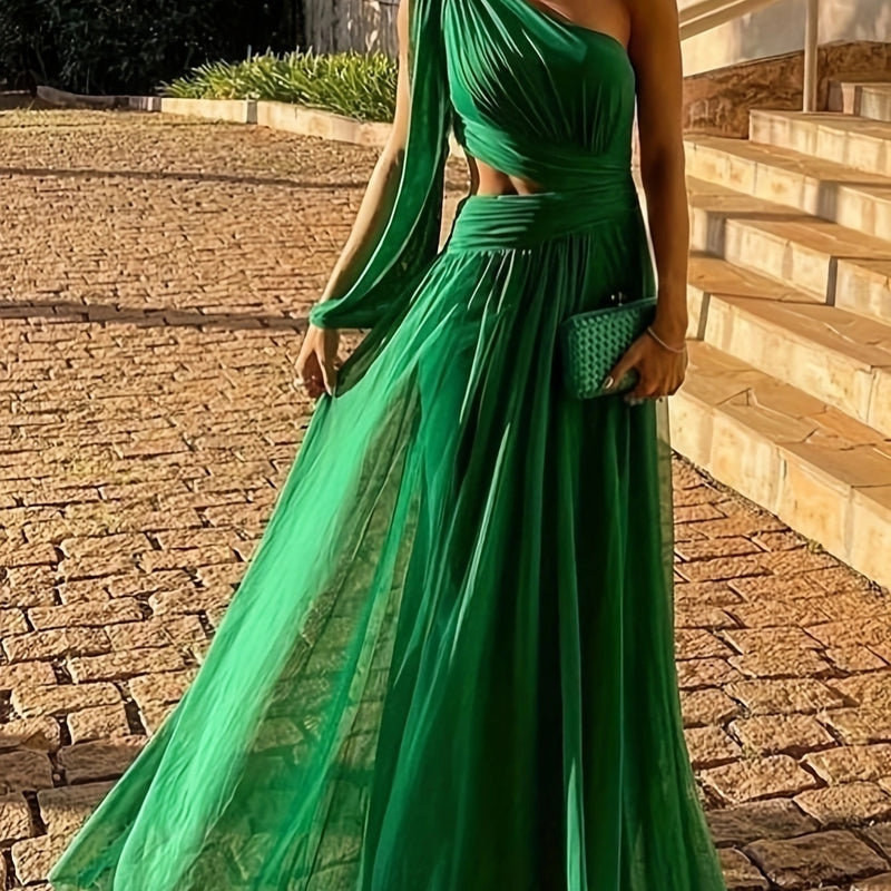 one-shoulder green long dress, view 4 - MRSLM
